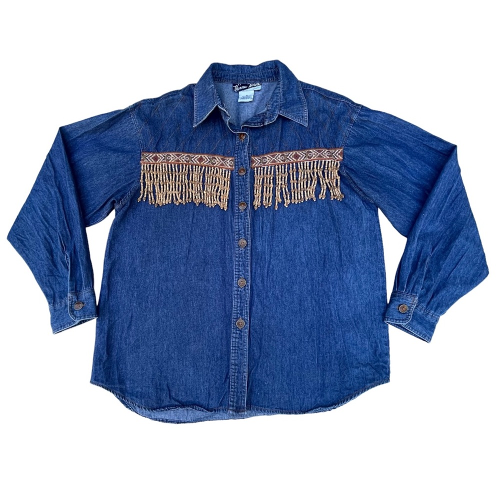 Vintage Western Fringe Vanna White Denim Blue Button Up Long Sleeve T-shirt